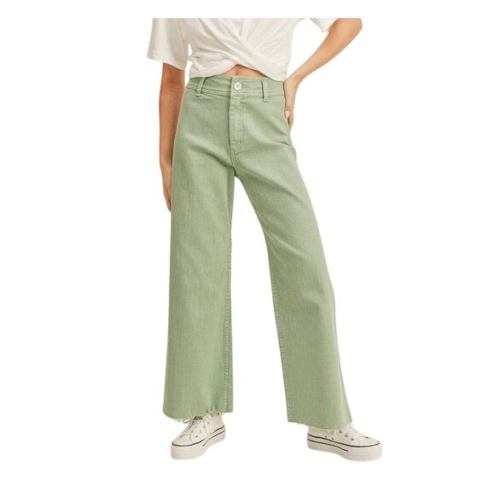 MIOU MUSE Wide Leg Cropped Jeans Sage Green Raw Hem Womens Size L NWOT